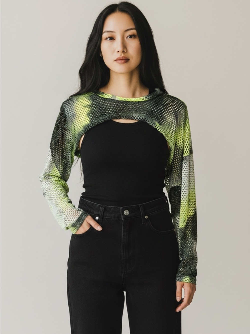 NEW Mesh Cropped Tie Dye Neon Long-Sleeve Bolero Top SMALL